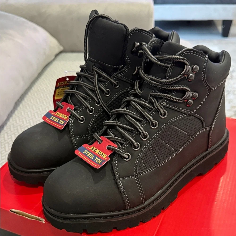 Big Mac Steel Toe Boots Size 7M Black Memory Foam Oil Sleep Resistant Light